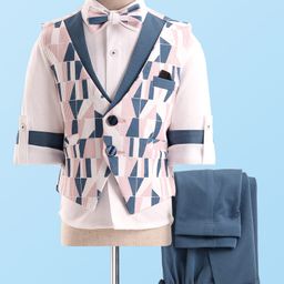 Rikidoos Full Sleeves Solid Shirt With Abstract Printed Waistcoat Pant & Bow Set - White & Blue-image-80