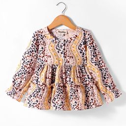Hugsntugs Cotton Full Peasant Sleeves Abstract Printed Tiered Top - Yellow & Brown-image-34