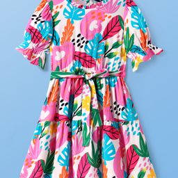 Pine Kids Rayon Woven Half Sleeves Dress With Floral & Leaf Print - White-image-75