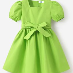 Mark & Mia Cotton Half Puffed Sleeves Solid Color Frock with Bow Applique - Light Green-image-67