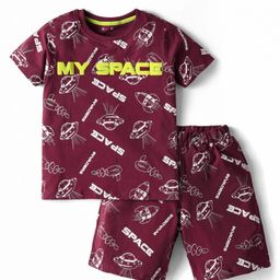 Kookie Kids Single Jersey Knit Half Sleeves Shorts Co-Ord Night Suit With Space Print - Maroon-8