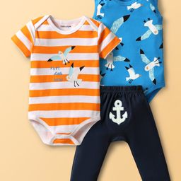Babyoye 100% Cotton Knit Half Sleeves & Sleeveless Bird Printed Onesies With Leggings - Multicolor-image-65