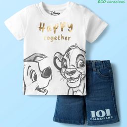 Babyoye Disney Single Jersey Knit Half Sleeves T-Shirt & Shorts Set with Lion King & 101 Dalmatian Graphics - White & Navy Blue-image-95
