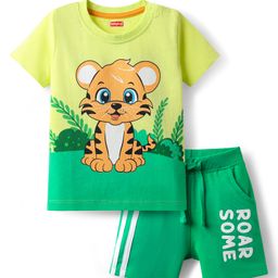 Babyhug Single Jersey Knit Half Sleeves T-Shirt & Shorts Set with Cub Print - Green & Yellow-image-18