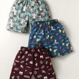 CUCUMBER Sinker Knit Above Knee Length Printed Shorts Pack of 3 - Maroon Teal Blue & Grey-image-69