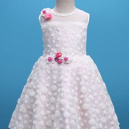 Enfance Sleeveless Foil Printed & Textured Floral Applique Knee Length Dress - White-image-18