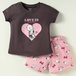 CUCUMBER Sinker Knit Half Sleeves Shorts Night Suit with Snoopy Graphic - Grey & Pink-image-73