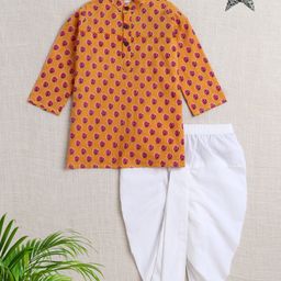 The Magic Wand Cotton Full Sleeves Floral Motifs Printed Kurta Dhoti Set - Mustard-image-14