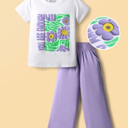 Honeyhap Premium 100% Cotton Knit With Bio Finish Half Sleeves Top & Palazzo Set With Floral Print - Bright White & Violet Tulip-picture-14
