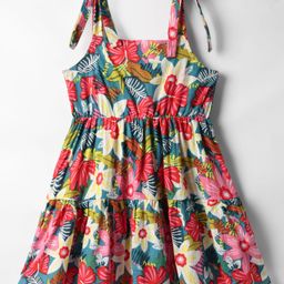 Kookie Kids Poplin Woven Sleeveless Tiered Frock with Floral Print - Red-image-21