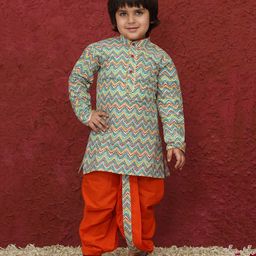 AJ Dezines Cotton Woven Full Sleeves Chevron Printed Kurta & Coordinating Dhoti Set - Orange-image-24