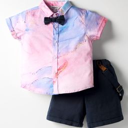 ToffyHouse Cotton Woven Half Sleeves Tie & Dye Printed Party Shirt & Shorts With Bow & Suspender - Pink & Navy Blue-picture-34