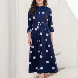 Kaftanize Navy base white big polka dot print midi dress in viscose-image-67