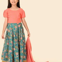 Fabindia Girls Floral Printed Sequinned Cotton Ready to Wear Lehenga & Blouse With Dupatta-picture-24