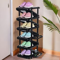 Kuber Industries Black Foldable 6 Tier Shoe Stand With Side Hooks-24