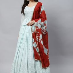 SHUBHKALA Turquoise Blue & Maroon Embellished Sequinned Semi-Stitched Lehenga & Unstitched Blouse With-picture-14