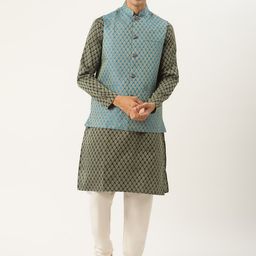 SOJANYA Men Green & Off-White Jacquard  Woven Design Kurta with Churidar & Nehru Jacket-10