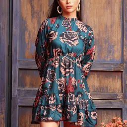 Leriya Fashion Floral Printed High Neck Puff Sleeves Empire Dress-picture-8