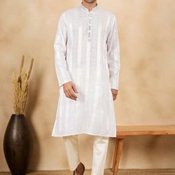 House of Pataudi Woven Design With Embroidered Mandarin Collar Straight Kurta-image-87