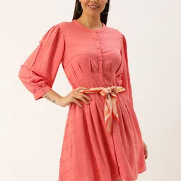 AND Self Striped Puff Sleeve A-Line Dress-image-3