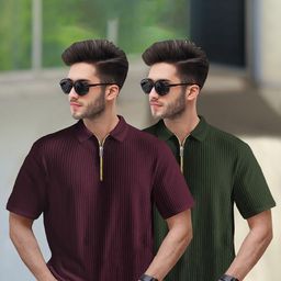 TRIPR Men Pack Of 2 Self Design Polo Collar T-shirt-picture-11