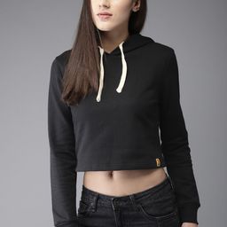 Campus Sutra Women Black Solid Hooded Crop Sweatshirt-image-52