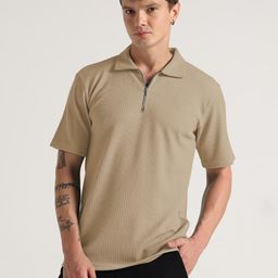 Moda Rapido Men Beige Zip Neck Polo Collar T-shirt-picture-13