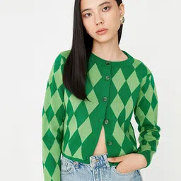 Trendyol Women Argyle Printed Crop Acrylic Cardigan Sweater-picture-10