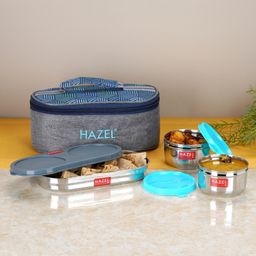 HAZEL Stainless Steel Air Tight Leak Proof Tiffin Boxes for Office Men & Women with Lunch Box Bag Set of 3 - Multicolor-picture-6