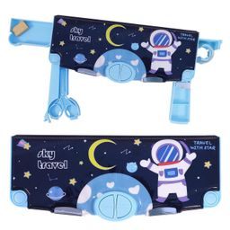 Toyshine Button Enabled Double Compartment Pencil Box Storages and Sharpner for Kids with Tape Dispenser Sissors - Space Blue-74