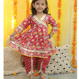 Bownbee Three Fourth Sleeves Floral Printed & Gota Lace Embellished Coordinating Pure Cotton Kurta & Dhoti Set - Red-picture-27