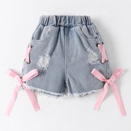 Kookie Kids Mid Thigh Length Washed & Distressed Shorts with Ribbon Detailing - Light Blue-picture-17