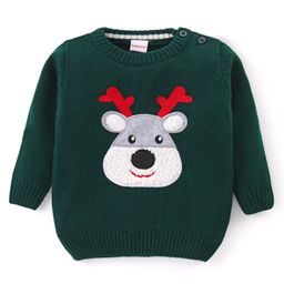 Babyhug Knit Full Sleeves Sweater with Reindeer Design - Dark Green-image-22