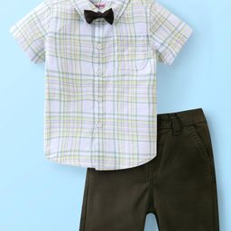Babyhug Cotton Woven Half Sleeves Checkered Shirt & Shorts Set with Bow  - Green-picture-30