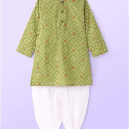 Babyhug Cambric Woven Full Sleeves Printed Kurta Dhoti Set - Green-image-91