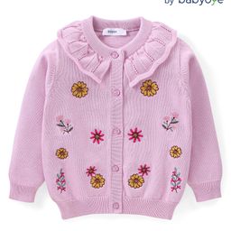Babyoye 100% Cotton Knit Full Sleeves Front Open Sweater with Floral Embroidery & Frill Detailing - Lilac-image-9