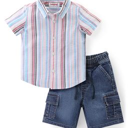 Babyhug Cotton Woven Half Sleeves Regular Collar Striped Shirt & Denim Shorts Set - Multicolor-image-69