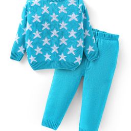 Babyhug Knitted Full Sleeves Star Designed Sweater Set - Light Blue-image-113