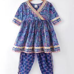 Teentaare Cotton Three Fourth Sleeves Kurti With Dhoti Style Salwar Set Floral Print - Blue-image-95
