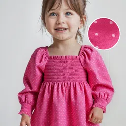 Babyhug Rayon Woven Full Sleeves Top with Polka Dot Print & Smocked Detailing - Dark Pink-picture-22