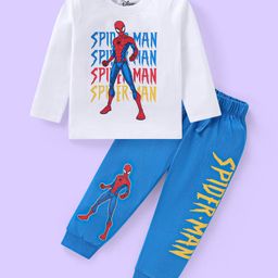 Babyhug Marvel Single Jersey Knit Full Sleeves Night Suit with Spider Man Graphics- White & Blue-image-62