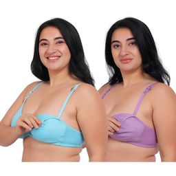 Fabme Pack Of 2 Cotton Sleeveless Solid Nursing Bras - Sea Green & Pink-image-80