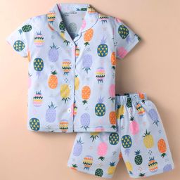 Little Darlings Sinker Knit Half Sleeves Shirt & Shorts Set With Pineapple Print - Lilac-image-31