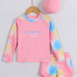 Pine Kids Full Raglan Sleeves Two Piece Swimsuit With Tie & Dye Print & Swimming Cap - Pink-image-12