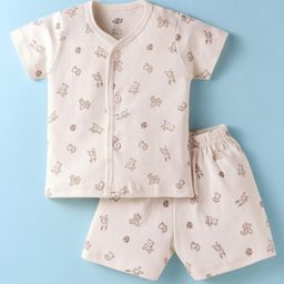 Zero Interlock Knit Half Sleeves Shorts Nightsuit with Bear Print - Beige-image-7