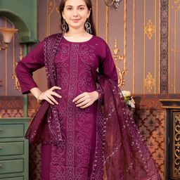 Aarika Three Fourth Sleeves Floral Embellished Kurta - Purple-image-102