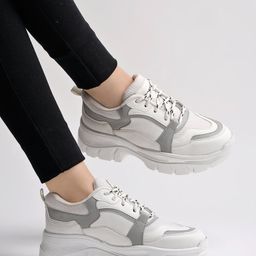 Shoetopia Sport Text Designed Mesh Detailed Lace Up Chunky Sneakers - Grey-image-85