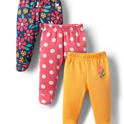 Babyhug Cotton Knit Full Length Bootie Leggings With Floral & Polka Dot Print Pack Of 3 - Navy Blue Pink & Yellow-image-73
