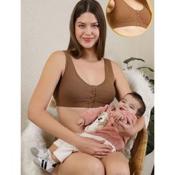 Zelena 90% Cotton 10% Elastane Solid Ribbed Non Padded Maternity Bra With Nursing Access - Brown-picture-12