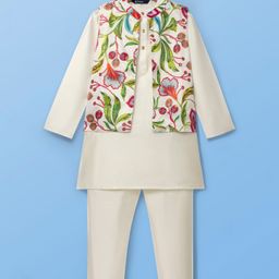 Pine Kids Woven Mandarin Collar Full Sleeves Kurta Pyjama Set With Floral Print & Sequin Detailing Jacket - White-image-94